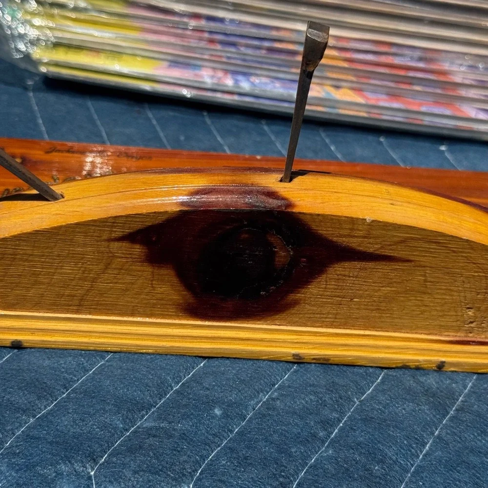 Vintage Cedar Wood Western Wall Rack Hang 'em Here Pardner Horseshoe Nail Hooks